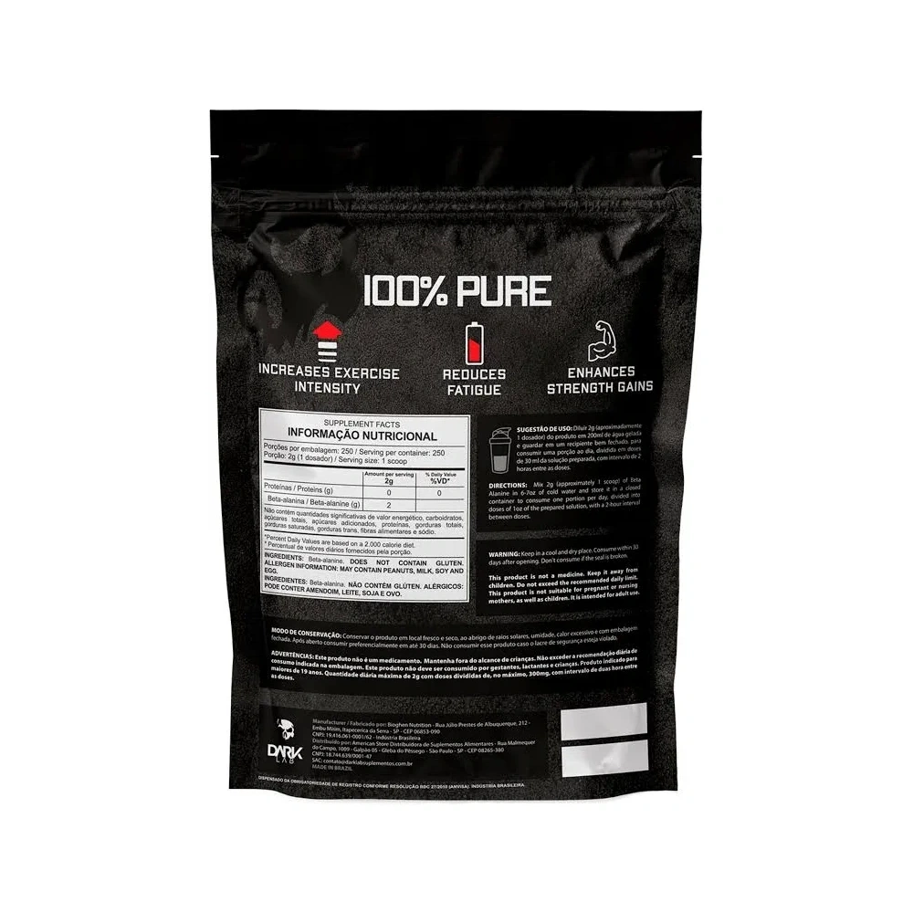 Beta Alanine 500g — DarkLab — Tabela nutricional