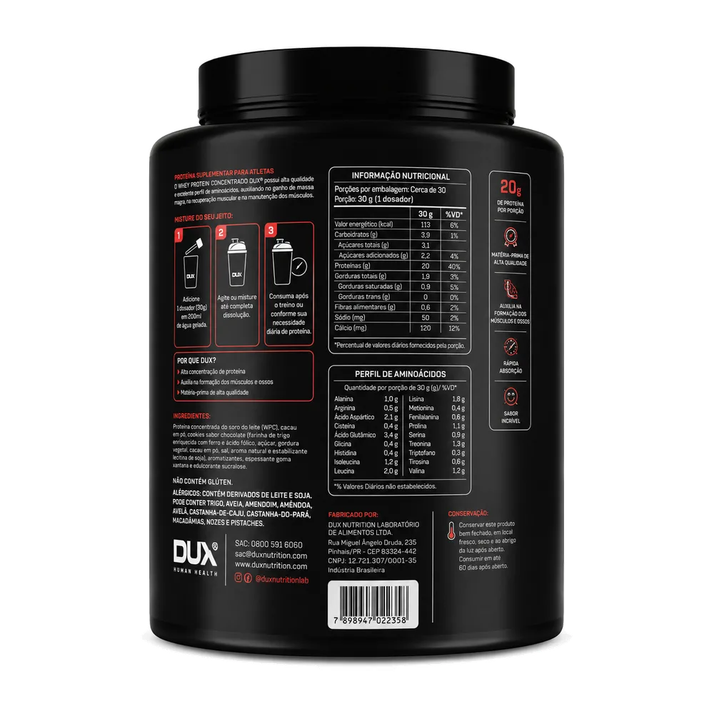 Whey Protein Concentrado Cookies 900g — DUX — Verso do produto