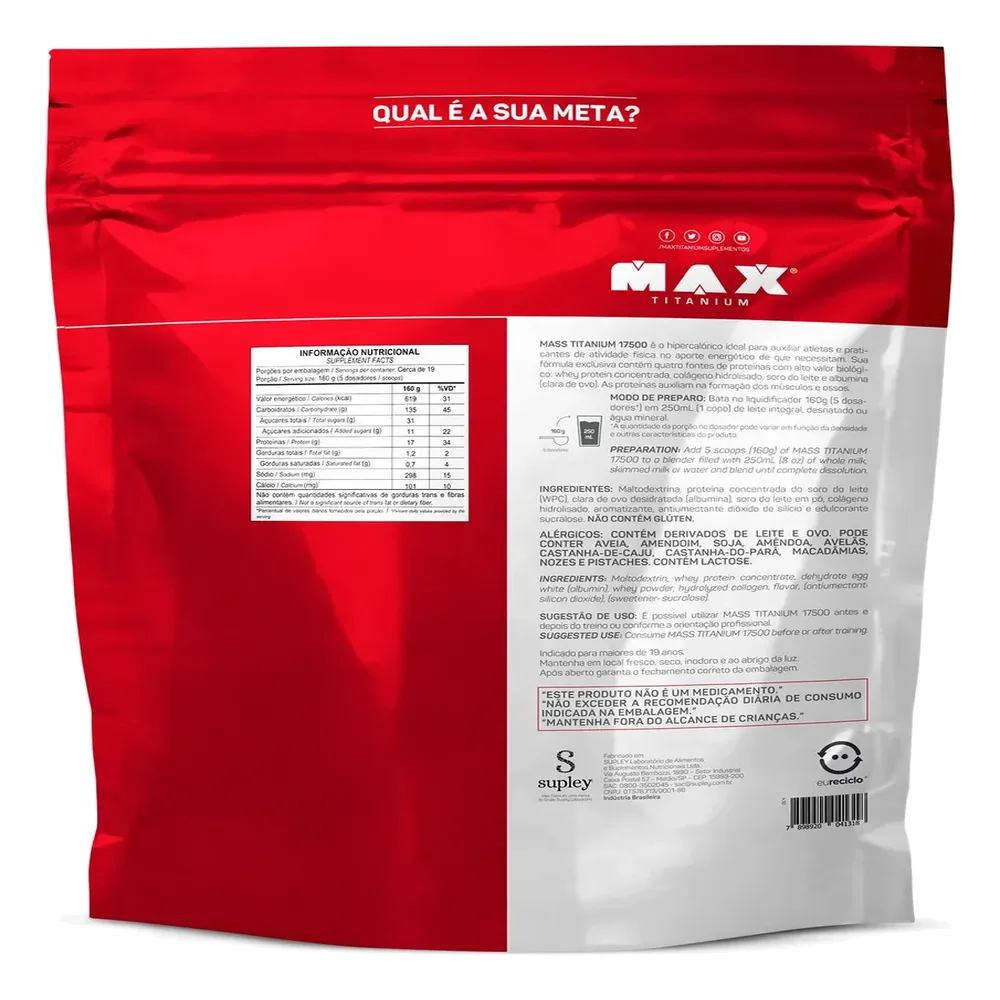 Mass Titanium 17500 Zero Lactose 2,4kg — Max Titanium — Verso do produto