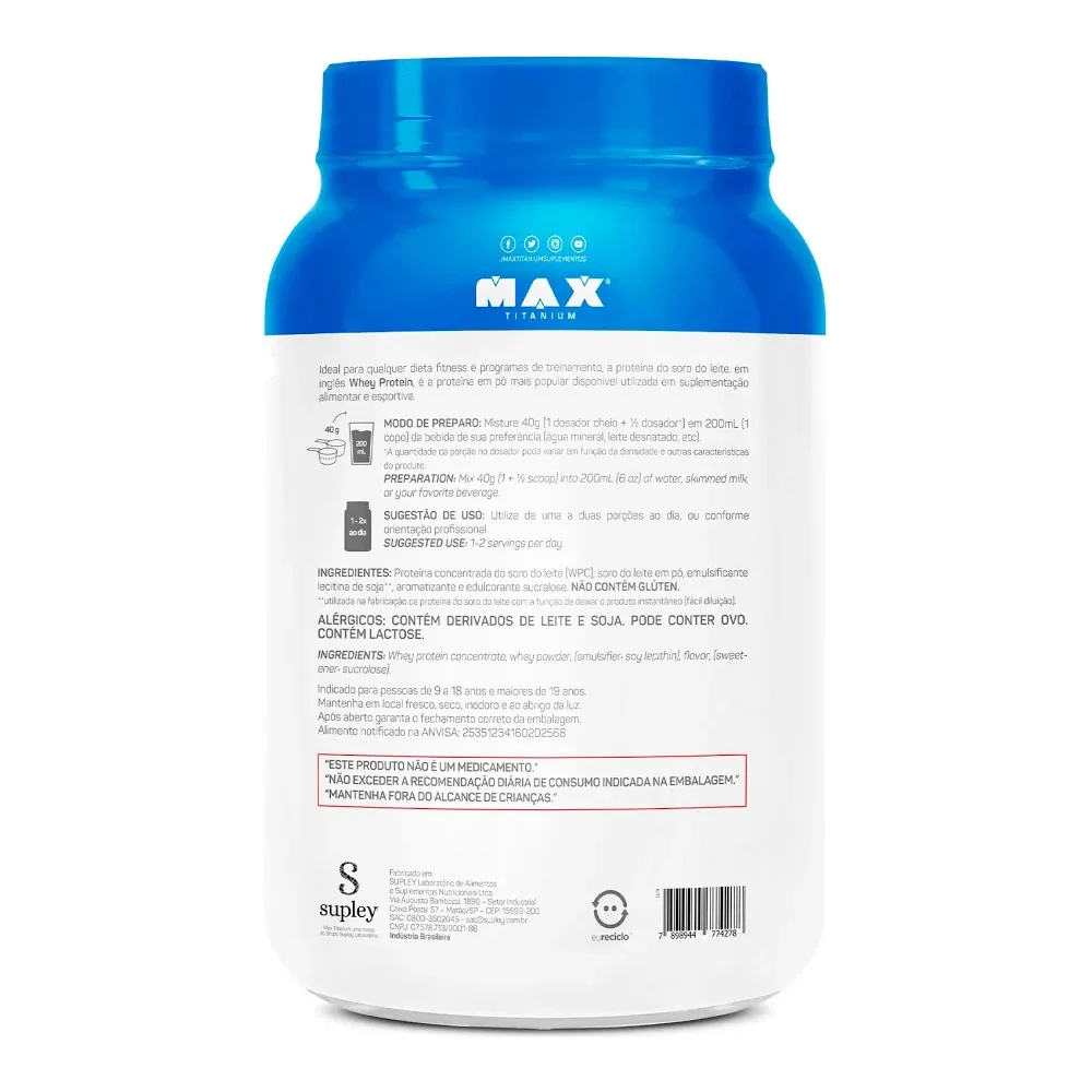 Whey Pro 1kg Baunilha — Max Titanium — Verso do produto