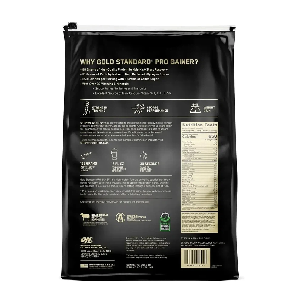 Gold Standard Pro Gainer — Optimum Nutrition — Verso do produto