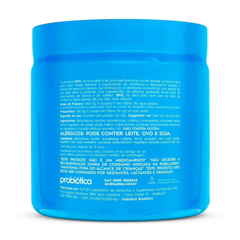 Epic Pré-Workout — Probiótica — Verso do produto