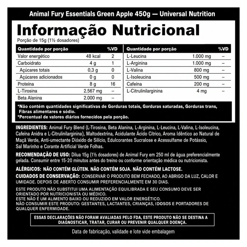 Animal Fury Essentials Green Apple 450g — Universal Nutrition — Tabela nutricional