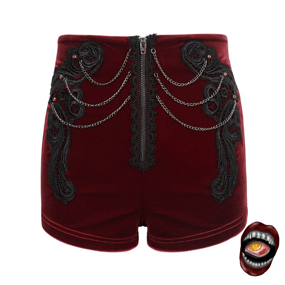 Shorts Veludo Vermelho com Renda e Correntes