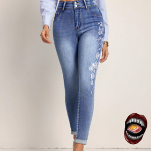 Calça Jeans Feminina Skinny Cintura Alta com Bordado