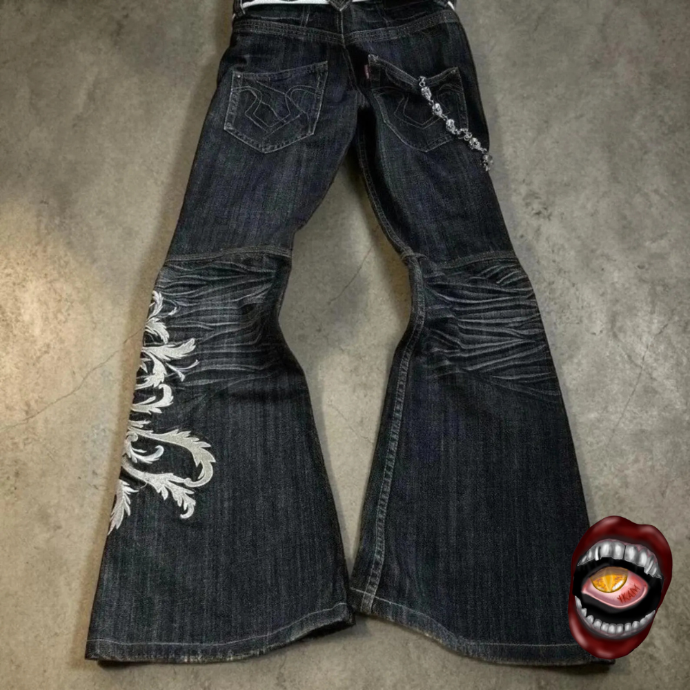 Calça Jeans Flare Bordado Tribal e Corrente - Imagem 3