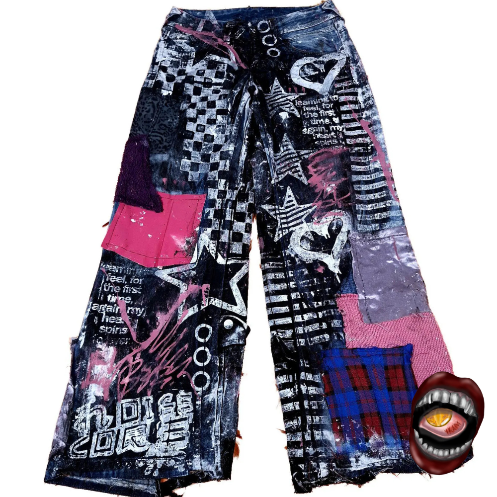 Calça Jeans Customizada com Patchwork e Graffiti - Imagem 3