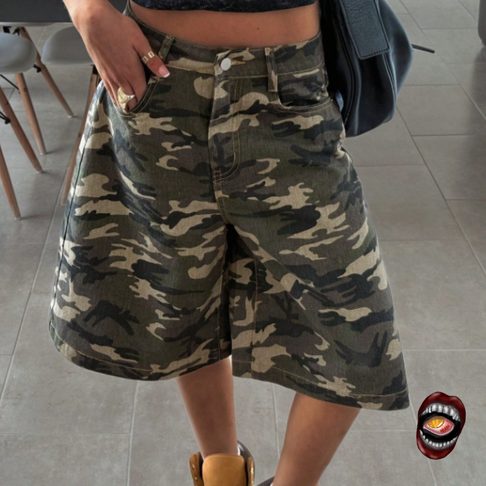 Bermuda Jeans Camuflada Wide Leg