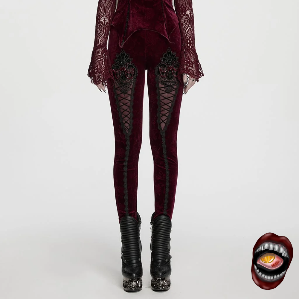 Calça Legging Veludo Vinho com Renda e Amarração