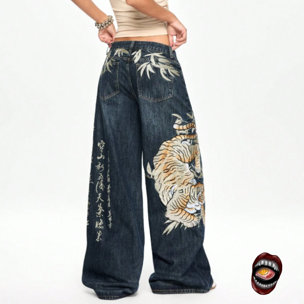 Calça Jeans Wide Leg Bordada Tigre e Caligrafia - Imagem 3