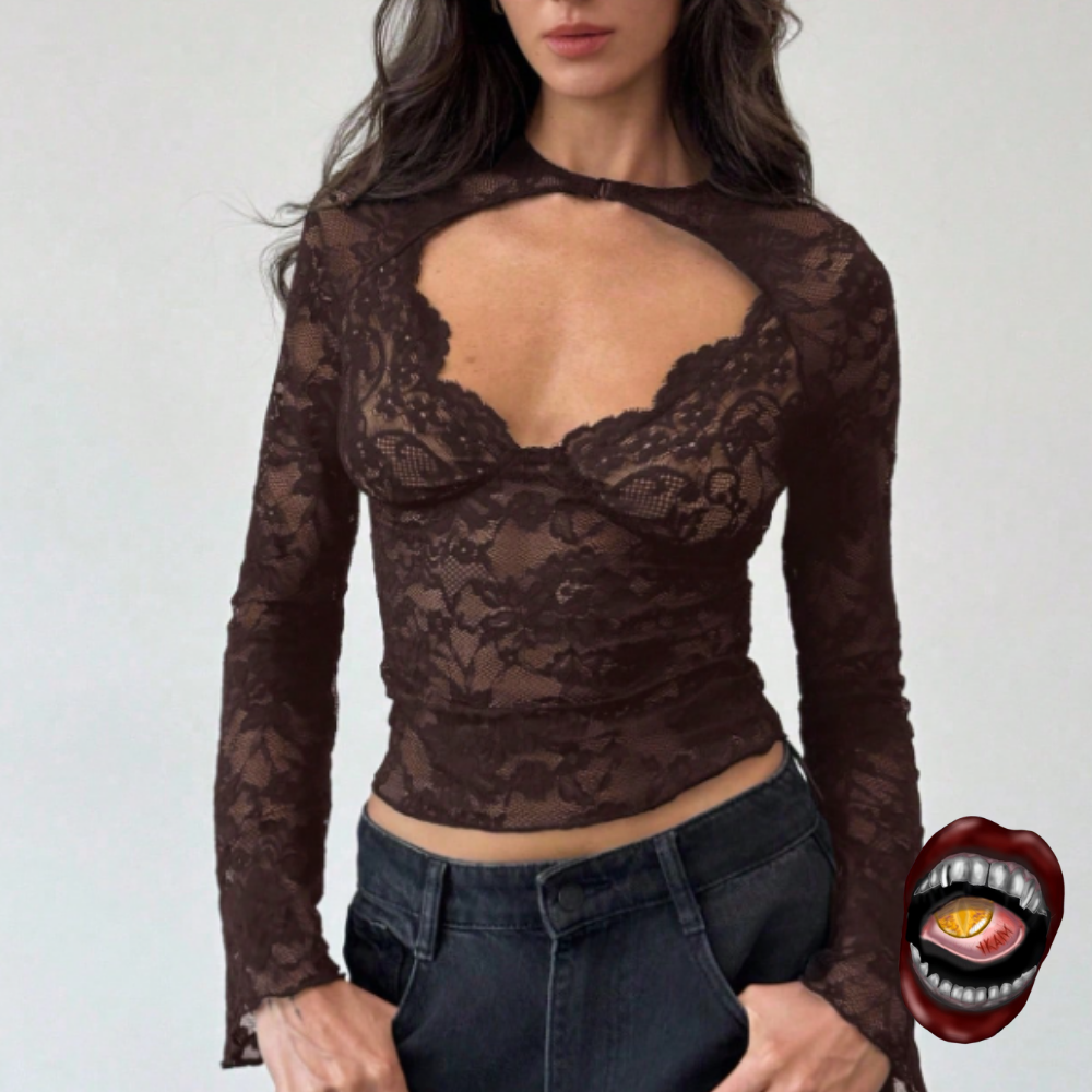 Blusa Manga Longa Renda Marrom - Imagem 3